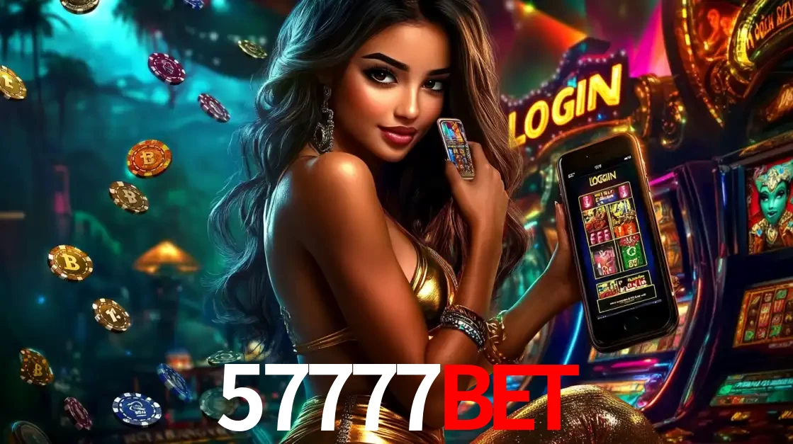 Mulher em um cenário de cassino temático de aventura, mostrando o app de caça-níqueis da 57777bet no celular. Fichas de apostas flutuam ao redor.