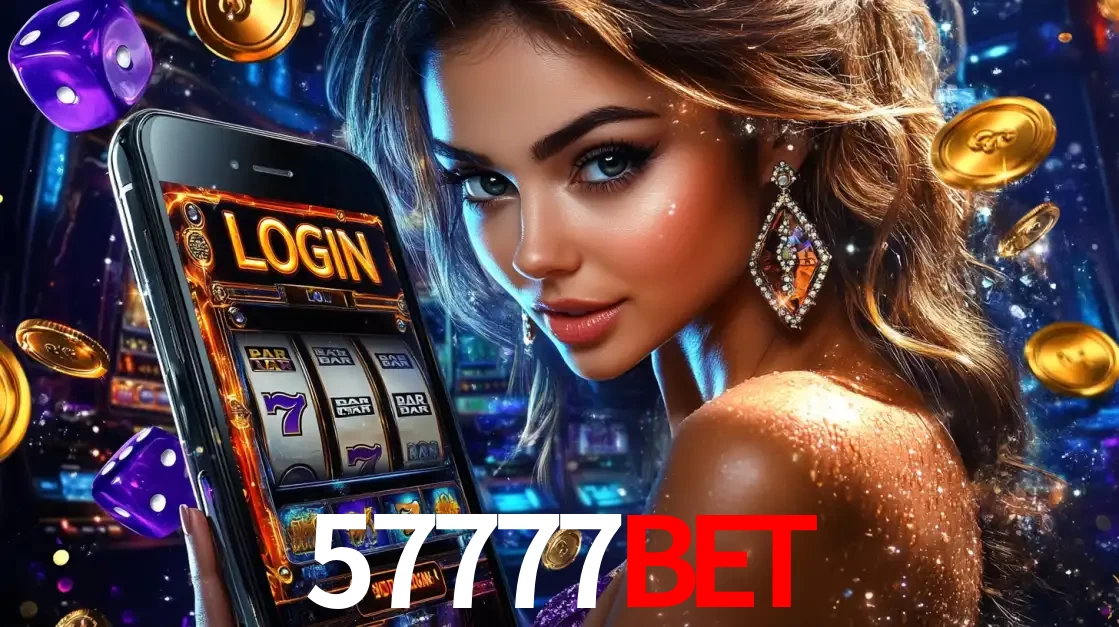 Mulher glamorosa segurando um smartphone com a tela de login para os jogos de caça-níqueis do cassino online 57777bet, com moedas de ouro e dados ao redor.