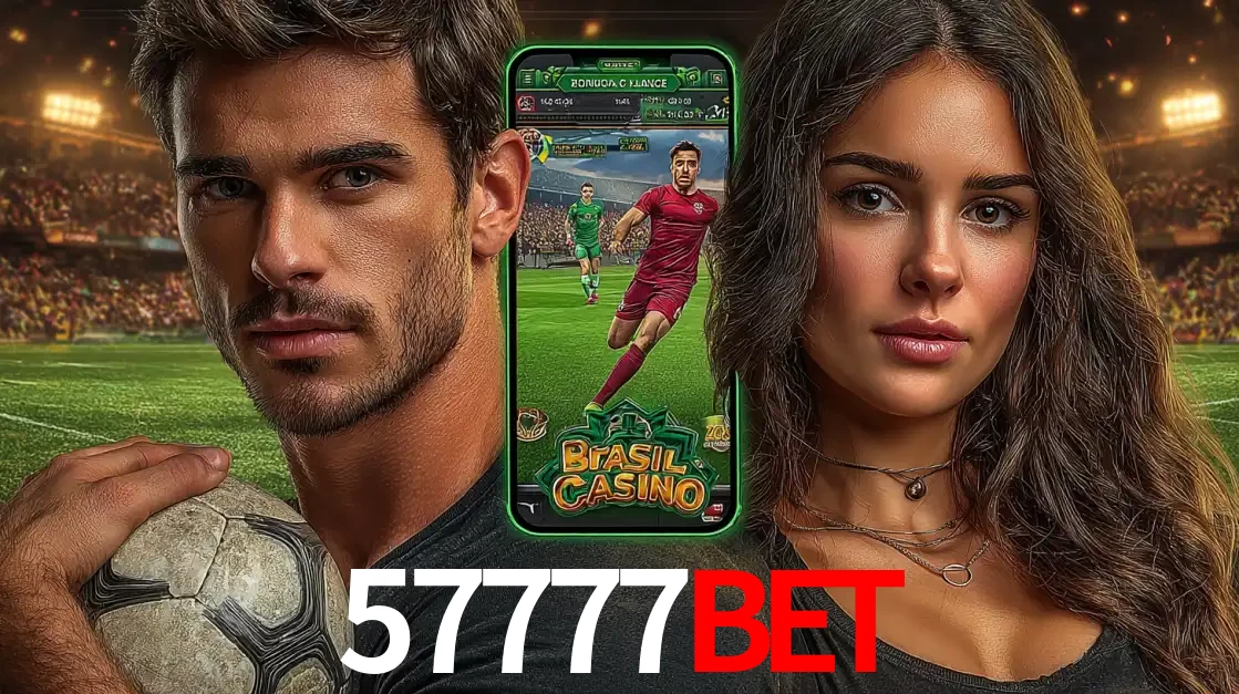 Homem segurando uma bola de futebol e uma mulher ao lado de um smartphone exibindo o jogo de apostas esportivas da 57777bet. Faça seu palpite no cassino online.